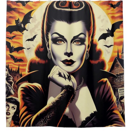 Retro Vampire Vrouw Douchegordijn (Voorkant)