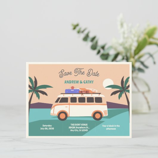 Retro van bruiloft save the date (Staand voorkant)