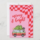 Retro Van Checkerboard Vrolijk & Helder Kerstfeest Feestdagenkaart (Voorkant)