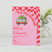 Retro Van Red Pink Checkerboard kerstfeest Kaart (Staand voorkant)