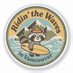 Retro Vancouver Surfende Wasbeer Sticker