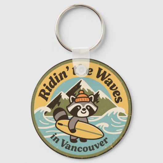 Retro Vancouver Surfing Raccoon Sleutelhanger (Voorkant)