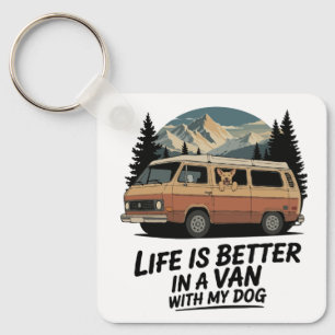 Retro Vanzlife met Hond Bergavontuur Sleutelhanger