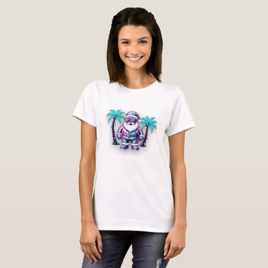 Retro Vaporwave Kerstman • Neon Synthwave Kerstmis T-shirt (Voorkant volledig)