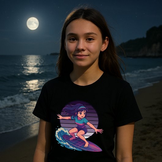 Retro Vaporwave Moon Surfer Anime Girl T-shirt