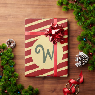 Retro Varsity Karmozijnrood & Crème Strepen Monogr Cadeaupapier