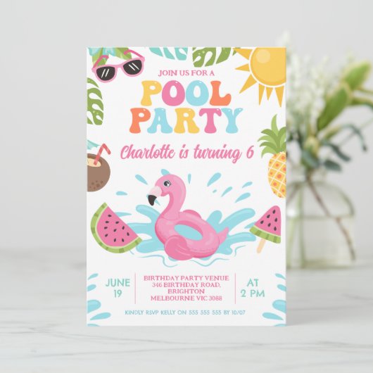 Retro veelkleurige zomer zwembad partij verjaardag kaart (Staand voorkant)