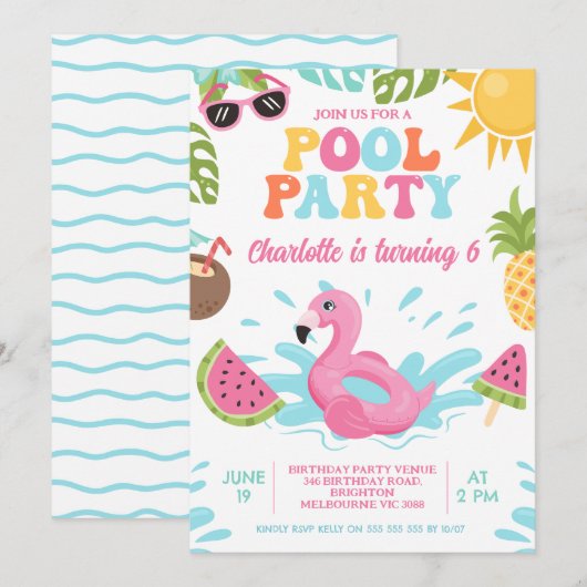 Retro veelkleurige zomer zwembad partij verjaardag kaart (Voorkant / Achterkant)