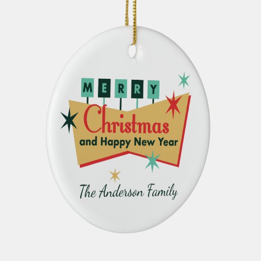 Retro Vegas Stijl Vrolijk Kerstmis Familienaam Keramisch Ornament (Rechts)