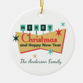 Retro Vegas Stijl Vrolijk Kerstmis Familienaam Keramisch Ornament (Voorkant)