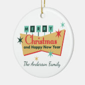 Retro Vegas Stijl Vrolijk Kerstmis Familienaam Keramisch Ornament (Links)