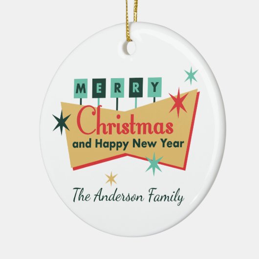 Retro Vegas Stijl Vrolijk Kerstmis Familienaam Keramisch Ornament (Links)