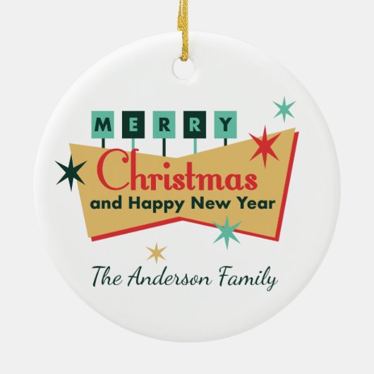 Retro Vegas Stijl Vrolijk Kerstmis Familienaam Keramisch Ornament (Achterkant)