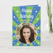 Retro verjaardag aangepaste naam 2 foto's blauw gr kaart (Voorkant)