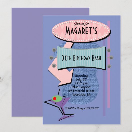 Retro Verjaardag Cocktail Party Kaart (Voorkant / Achterkant)