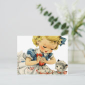Retro Verjaardag Meisje Cake Kat Kinderen Kunstwer Briefkaart (Staand voorkant)