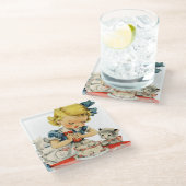 Retro Verjaardag Meisje Cake Kat Kinderen Kunstwer Glazen Onderzetter (Schuin)