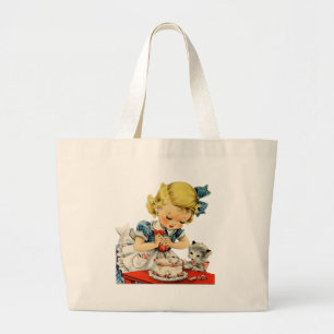 Retro Verjaardag Meisje Cake Kat Kinderen Kunstwer Grote Tote Bag