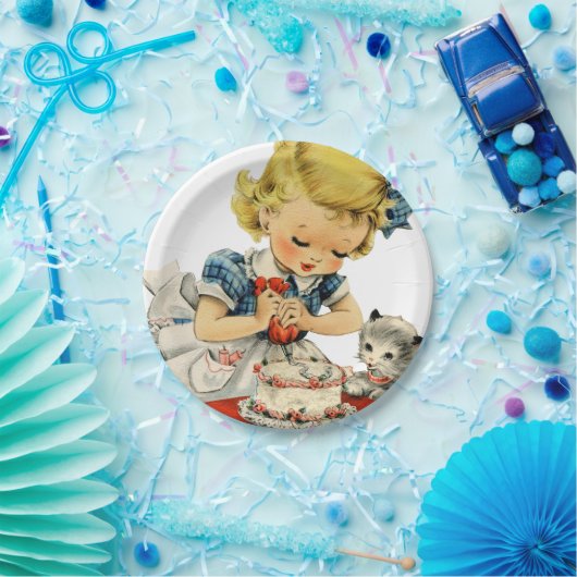 Retro Verjaardag Meisje Cake Kat Kinderen Kunstwer Papieren Bordje (Feest)