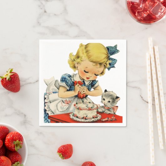 Retro Verjaardag Meisje Cake Kat Kinderen Kunstwer Servet (Insitu)