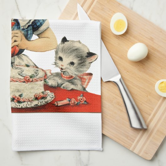 Retro Verjaardag Meisje Cake Kat Kinderen Kunstwer Theedoek (Quarter Fold)