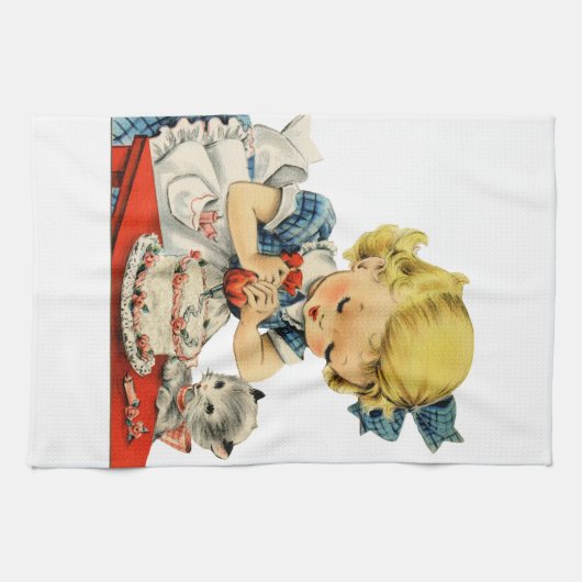 Retro Verjaardag Meisje Cake Kat Kinderen Kunstwer Theedoek (Horizontaal)