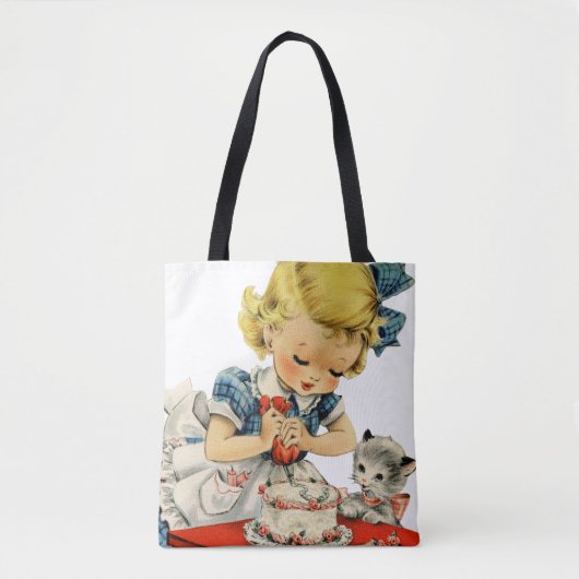 Retro Verjaardag Meisje Cake Kat Kinderen Kunstwer Tote Bag (Voorkant)