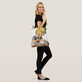 Retro Verjaardag Meisje Cake Kat Kinderen Kunstwer Tote Bag