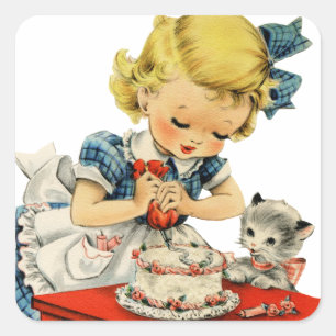 Retro Verjaardag Meisje Cake Kat Kinderen Kunstwer Vierkante Sticker
