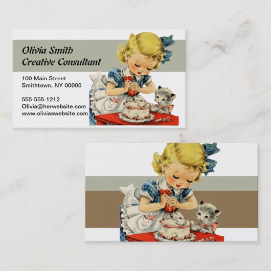 Retro Verjaardag Meisje Cake Kat Kinderen Kunstwer Visitekaartje (Voorkant / Achterkant)