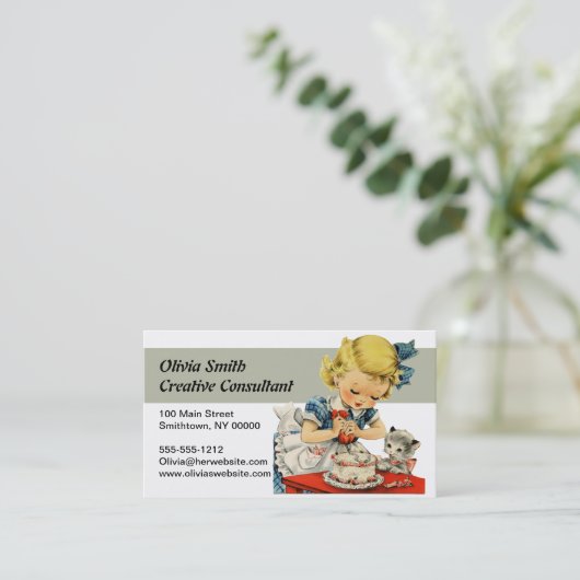 Retro Verjaardag Meisje Cake Kat Kinderen Kunstwer Visitekaartje (Staand voorkant)