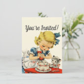 Retro Verjaardag Meisje Taart Kat Kinderen Kunstwe Kaart (Staand voorkant)