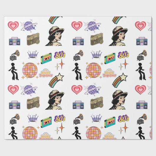 Retro verjaardagscadeau inpakpapier, familie, vrie cadeaupapier (Vlak)