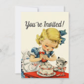 Retro Verjaardagsmeisje Cake Kat Kinderen Kunstwer Kaart (Voorkant)