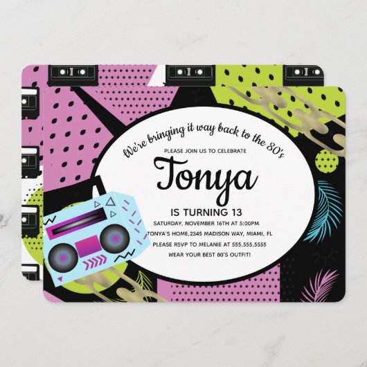 Retro verjaardagsuitnodiging 80s 90s Throw Back Kaart (Voorkant / Achterkant)