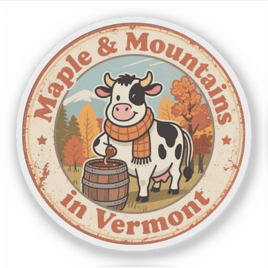 Retro Vermont Badge_ Gezellige Koe met wollen sjaa Sticker (Voorkant)