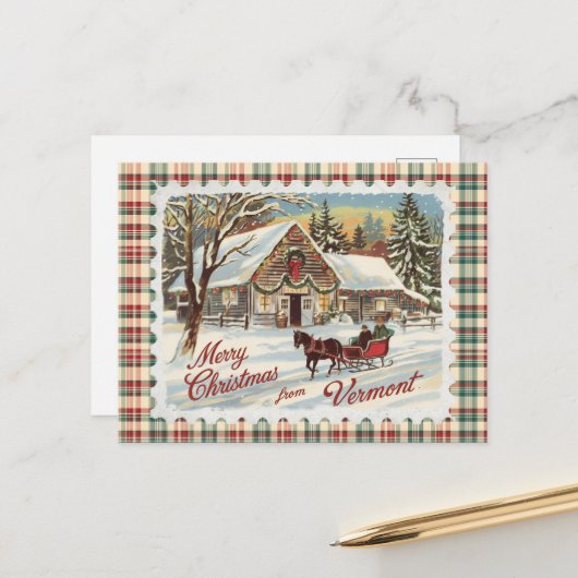 Retro Vermont Christmas Briefkaart (Voorkant / Achterkant in situ)