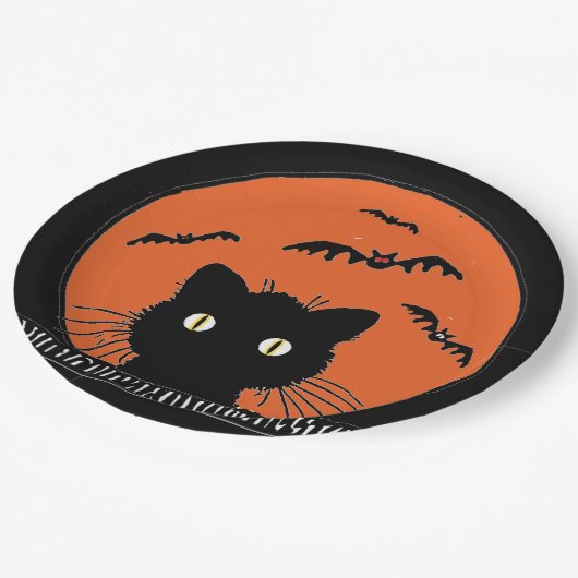 Retro Verrafde zwarte kat Halloween 9-inch Bord pa (Gekanteld)