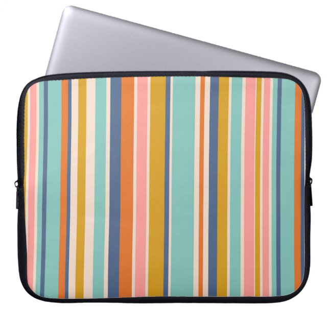 Retro verticaal oranje blauw en geel roze strepen laptop sleeve (Voorkant)