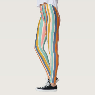 Retro verticaal oranje blauw en geel roze strepen leggings