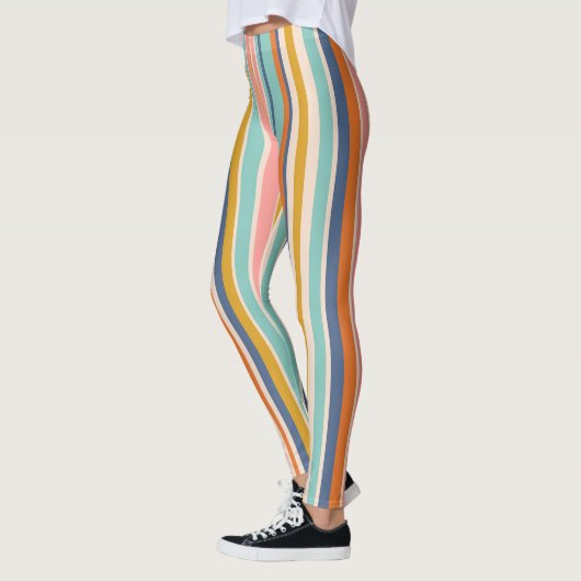 Retro verticaal oranje blauw en geel roze strepen leggings (Links)