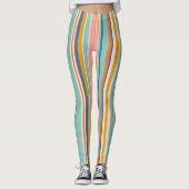 Retro verticaal oranje blauw en geel roze strepen leggings (Voorkant)