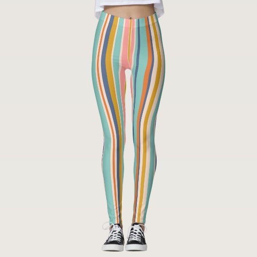 Retro verticaal oranje blauw en geel roze strepen leggings (Voorkant)
