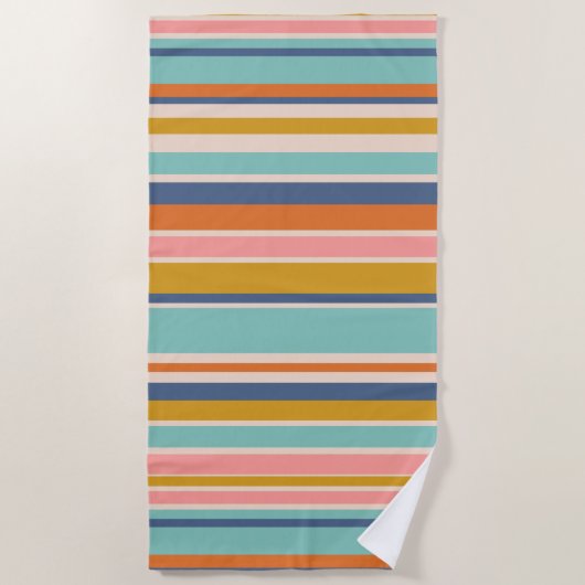 Retro verticaal oranje blauw en geel roze strepen strandlaken (Voorkant)