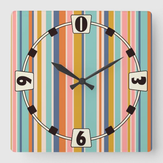 Retro verticaal oranje blauw en geel roze strepen vierkante klok (Voorkant)
