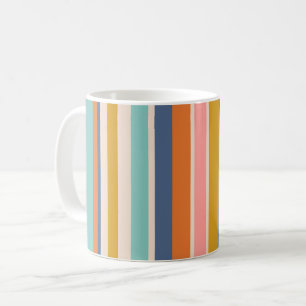 Retro verticale oranje blauwe en gele roze strepen koffiemok