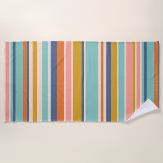 Retro verticale oranje blauwe en gele roze strepen strandlaken (Voorkant)