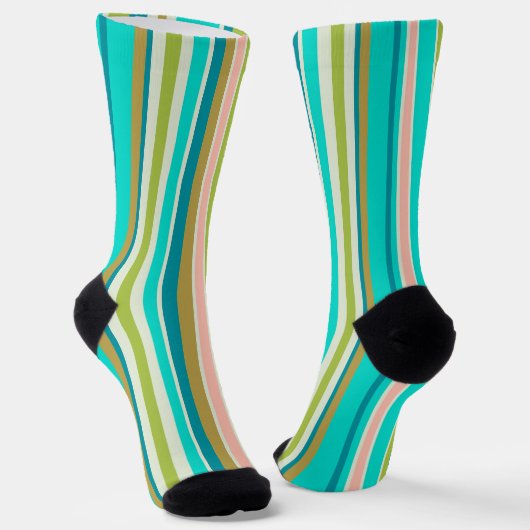 Retro verticale roze turquoise en perzikstrepen sokken (Gebogen)