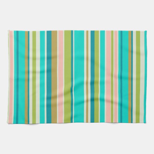Retro verticale roze turquoise en perzikstrepen theedoek (Horizontaal)