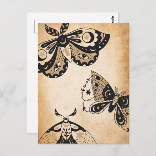 Retro vervaagd zwart motten tan  perkament briefkaart (Voorkant / Achterkant)